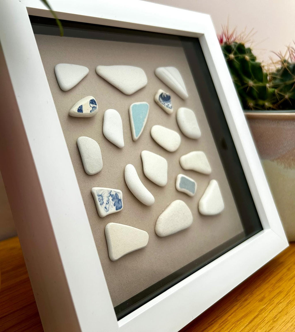 Handmade Sea Pottery Art: Coastal Wall Decor in White Frame
