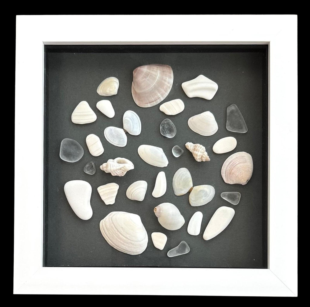 Handmade Cornish Sea glass, shells & pottery: Coastal Wall Decor in White Frame circle design