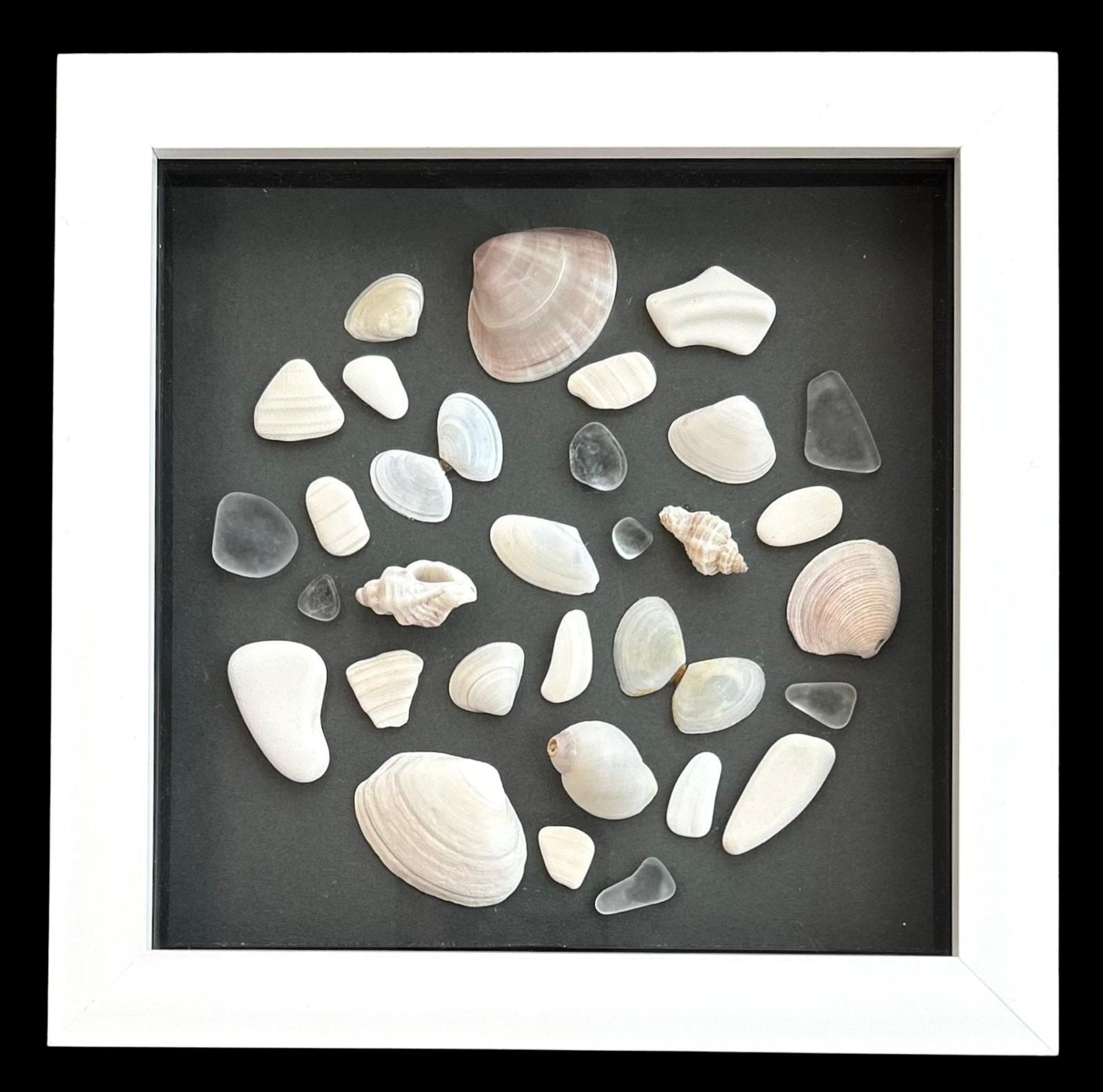 Handmade Cornish Sea glass, shells & pottery: Coastal Wall Decor in White Frame circle design