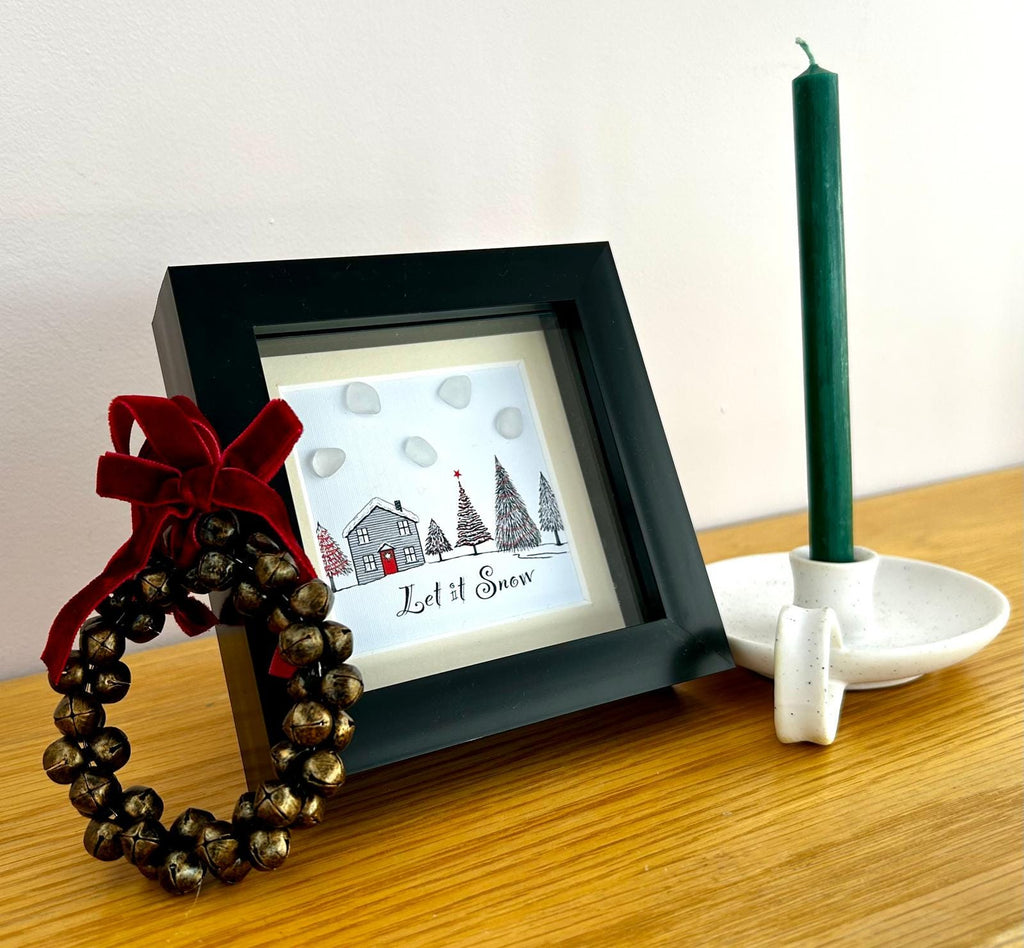 Handmade Sea Glass Christmas Picture – Winter Scene with House & Trees – Festive Gift – UK Coastal Artist -Let It Snow!