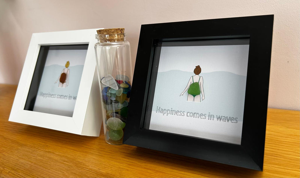 Sea Glass Swimmer Art – Handmade Coastal Picture, Custom Hair & Costume