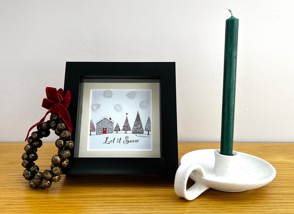 Handmade Sea Glass Christmas Picture – Winter Scene with House & Trees – Festive Gift – UK Coastal Artist -Let It Snow!