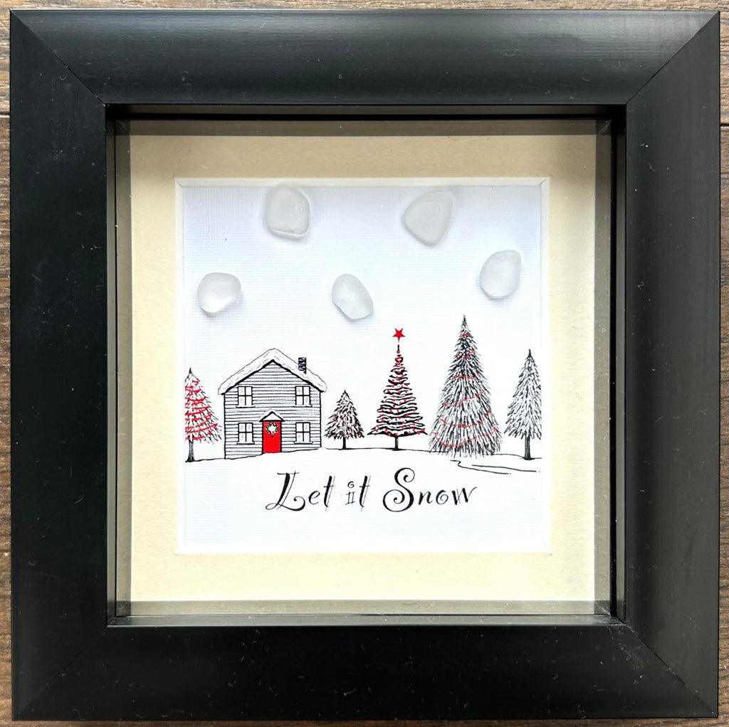 Handmade Sea Glass Christmas Picture – Winter Scene with House & Trees – Festive Gift – UK Coastal Artist -Let It Snow!
