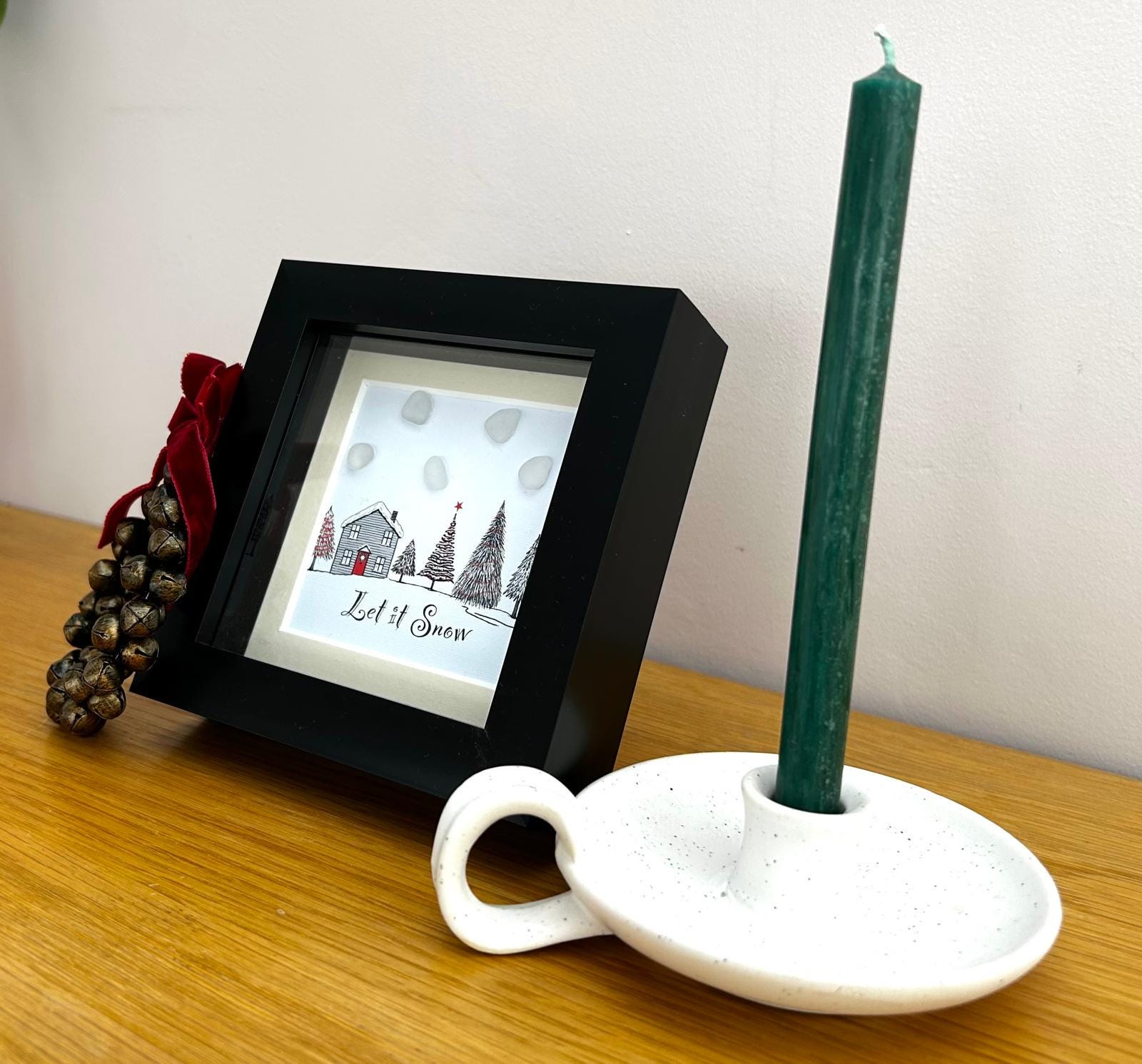 Handmade Sea Glass Christmas Picture – Winter Scene with House & Trees – Festive Gift – UK Coastal Artist -Let It Snow!