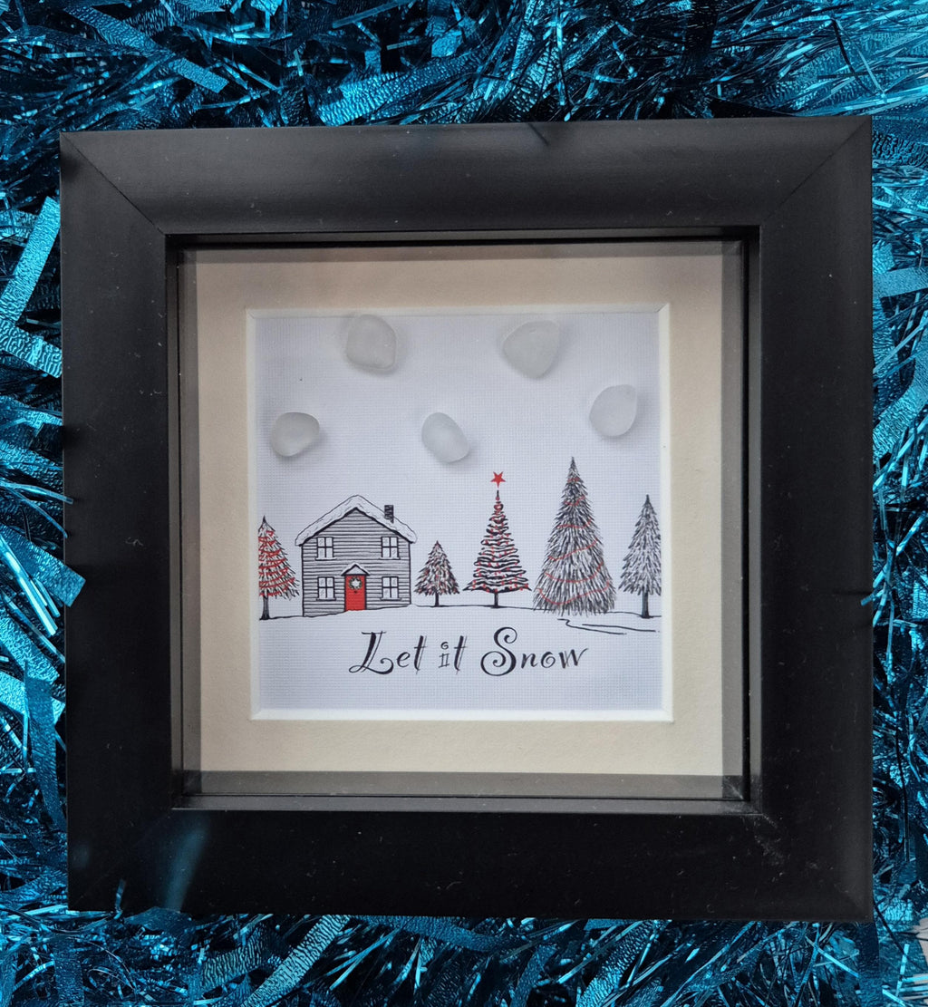 Handmade Sea Glass Christmas Picture – Winter Scene with House & Trees – Festive Gift – UK Coastal Artist -Let It Snow!