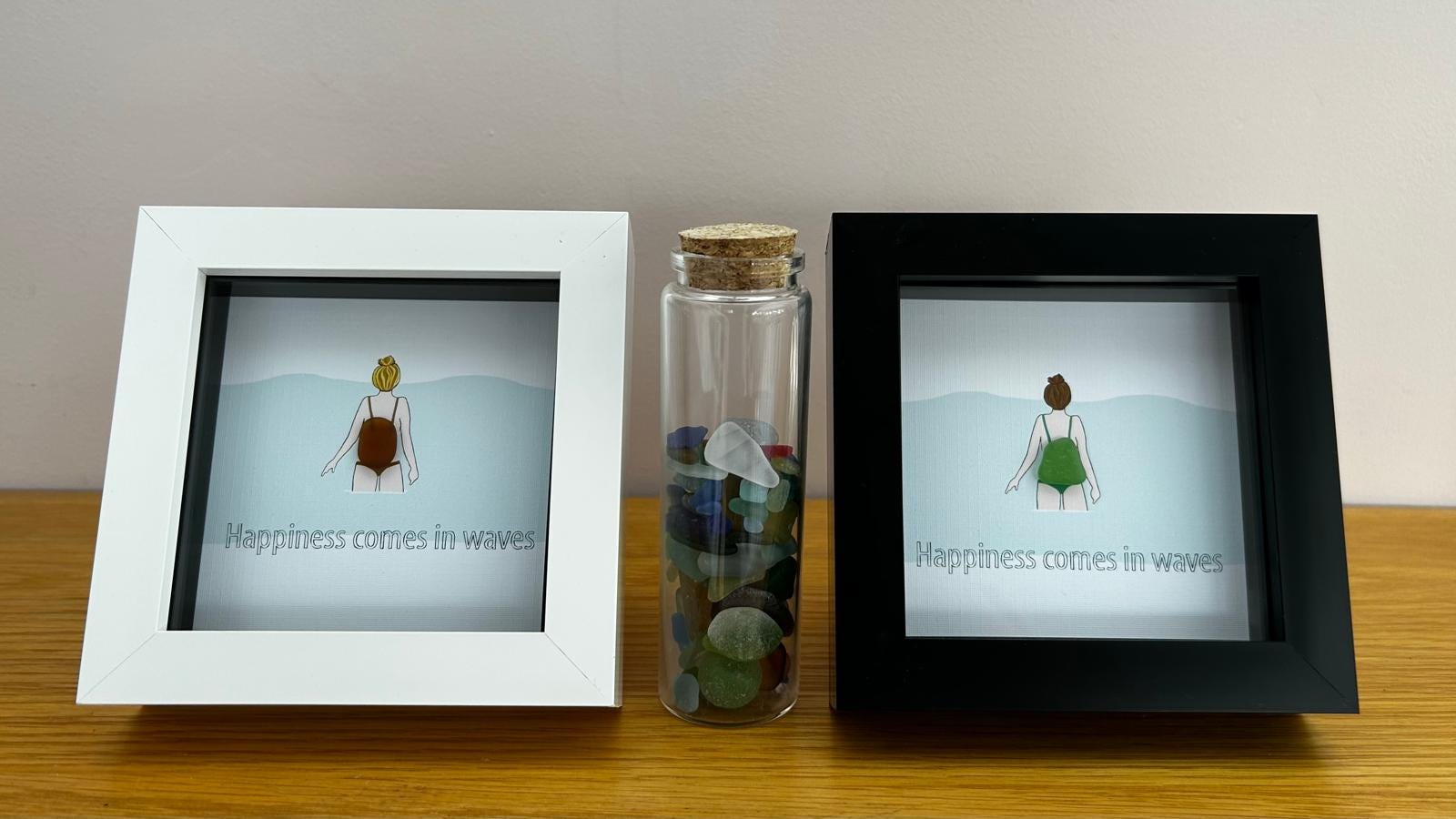 Sea Glass Swimmer Art – “Happiness Comes in Waves” – Handmade Picture with Custom Hair & Costume – Coastal Gift – UK Artist