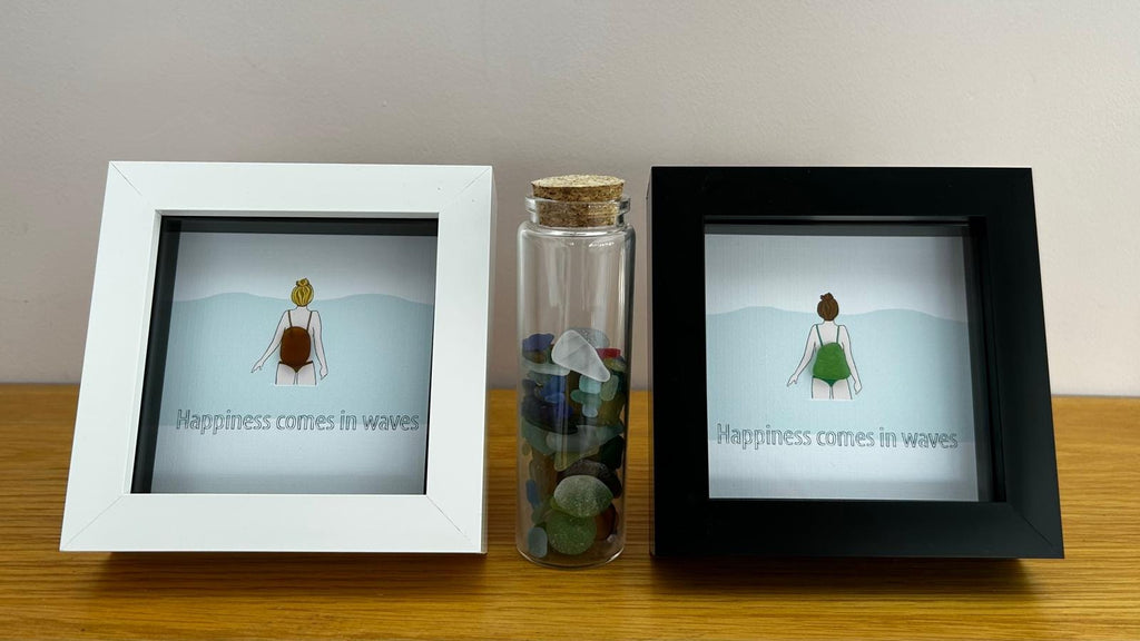 Sea Glass Swimmer Art – “Happiness Comes in Waves” – Handmade Picture with Custom Hair & Costume – Coastal Gift – UK Artist