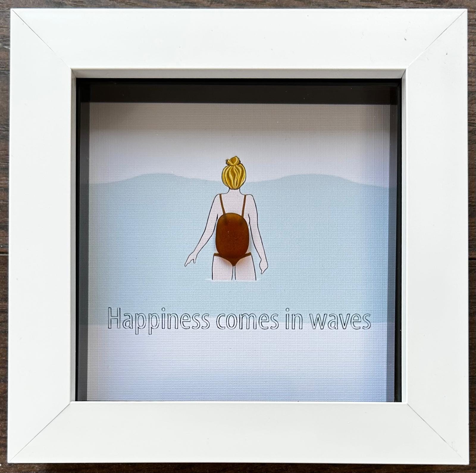 Sea Glass Swimmer Art – “Happiness Comes in Waves” – Handmade Picture with Custom Hair & Costume – Coastal Gift – UK Artist