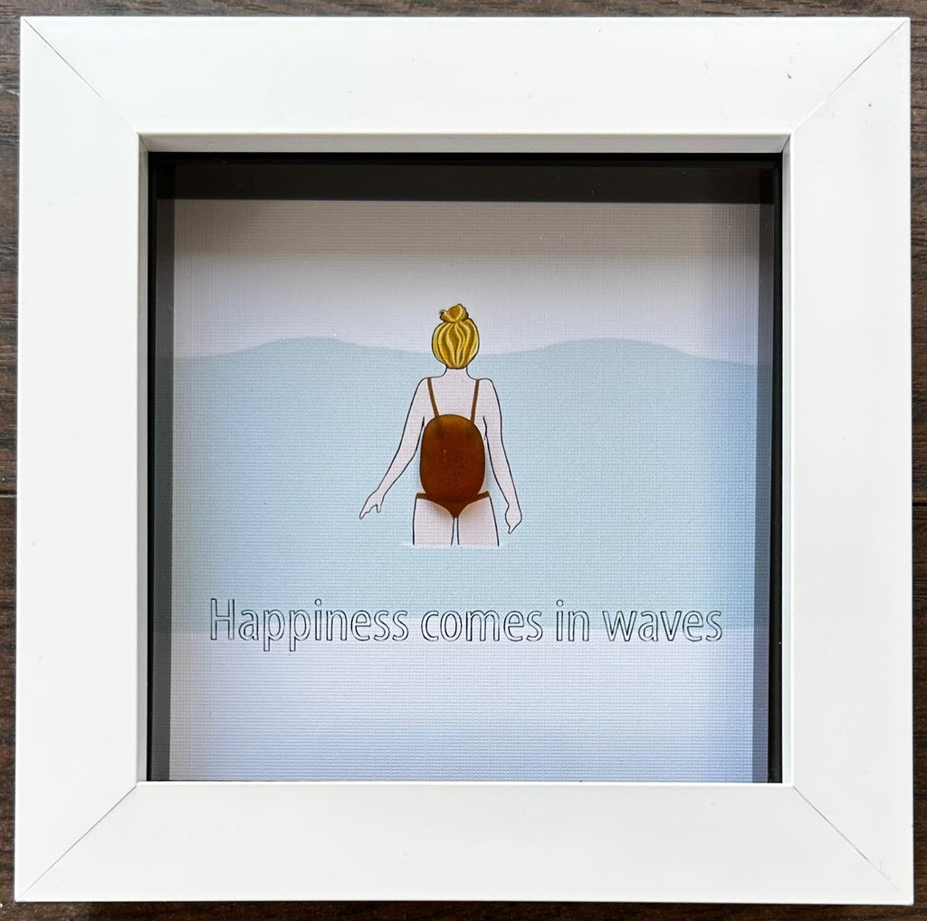 Sea Glass Swimmer Art – “Happiness Comes in Waves” – Handmade Picture with Custom Hair & Costume – Coastal Gift – UK Artist