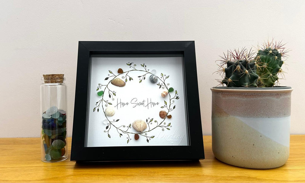 Sea Glass Shell Wreath Frame – Handmade Coastal “Home Sweet Home” Wall Art Gift
