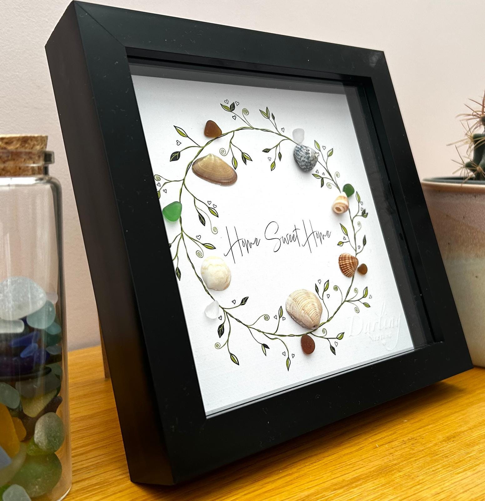 Sea Glass Shell Wreath Frame – Handmade Coastal “Home Sweet Home” Wall Art Gift