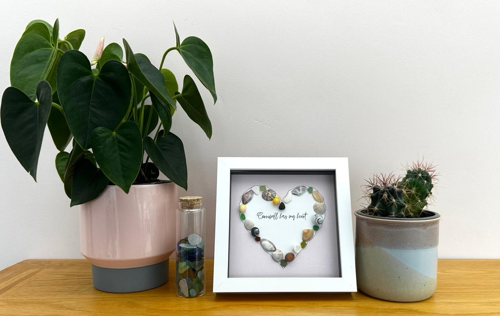Cornwall Has My Heart – Handmade Sea Glass & Shell Heart Art in 7x7 Frame – Coastal Home Gift – UK Artist