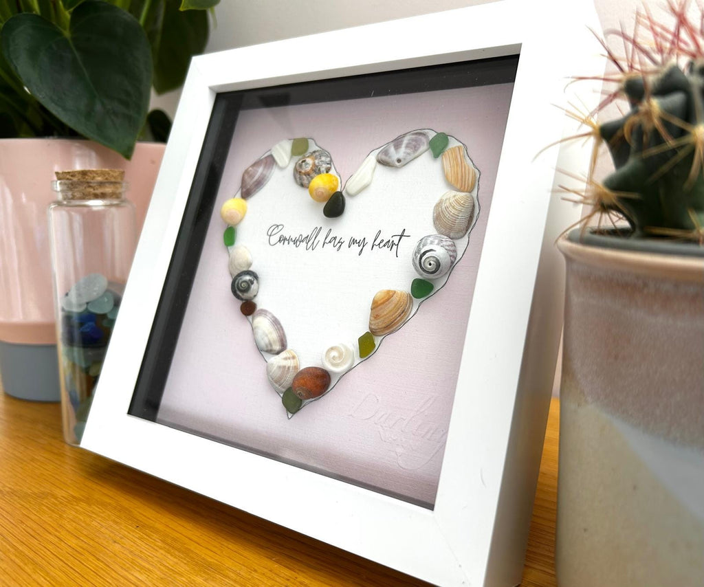 Cornwall Has My Heart – Handmade Sea Glass & Shell Heart Art in 7x7 Frame – Coastal Home Gift – UK Artist