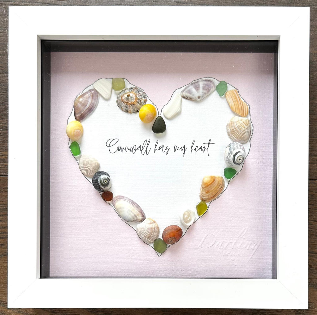 Cornwall Has My Heart – Handmade Sea Glass & Shell Heart Art in 7x7 Frame – Coastal Home Gift – UK Artist