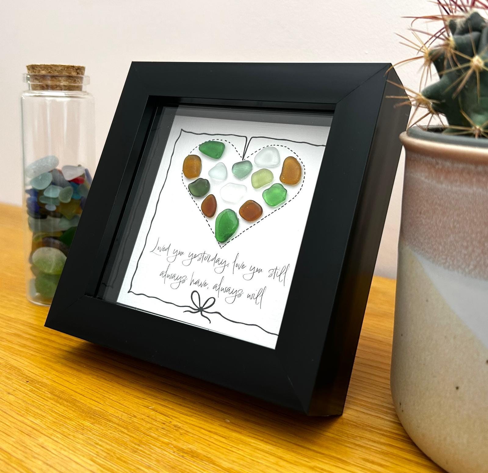 Sea Glass Love Quote Art – Handmade 5x5 Blue Coastal Picture Romantic Cornish Gift Multi Colour