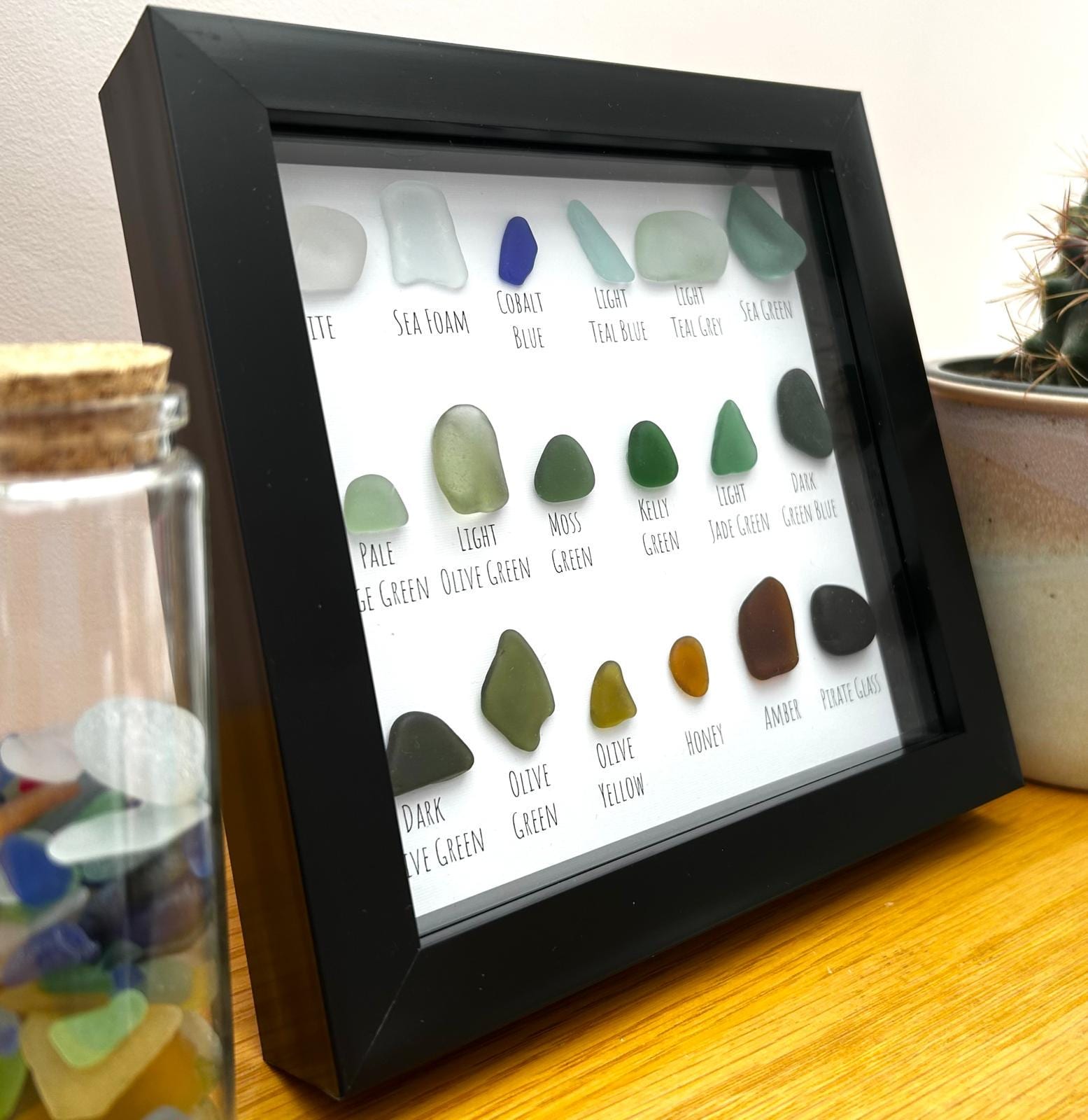 Curated Sea Glass Grid – Handmade Coastal Wall Art in 7x7 Frame – Elegant Natural Decor – UK Artist