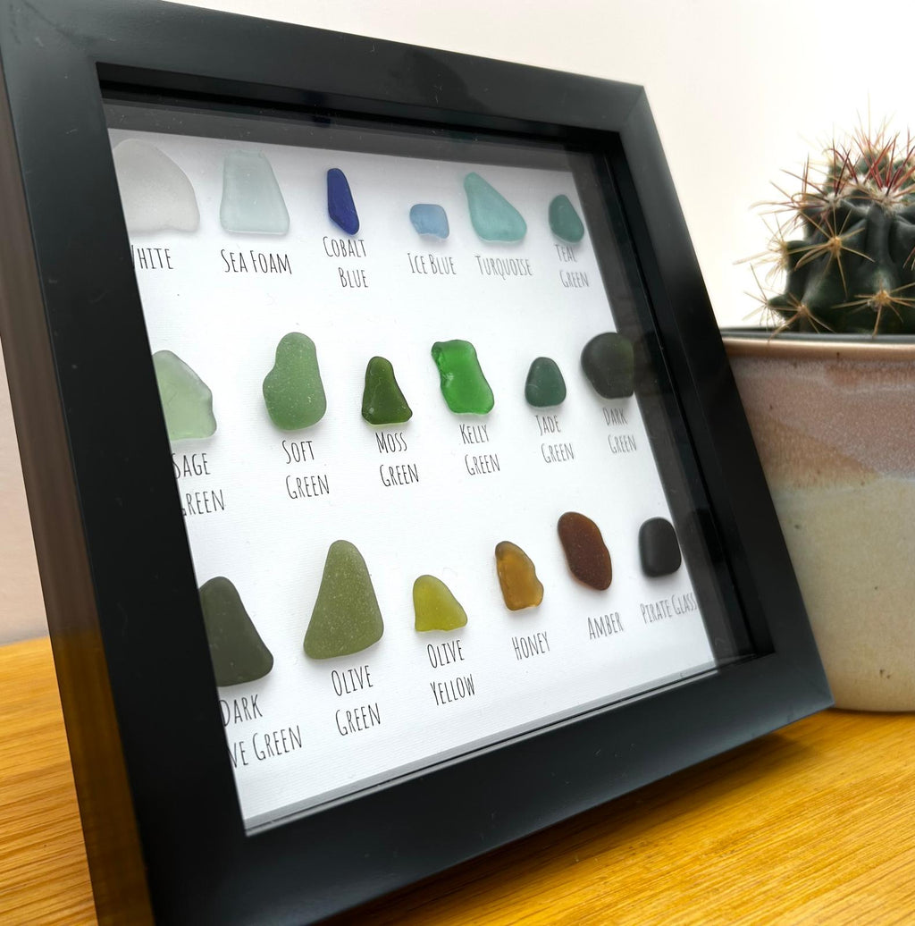 Curated Sea Glass Grid – Handmade Coastal Wall Art in 7x7 Frame – Elegant Natural Decor – UK Artist