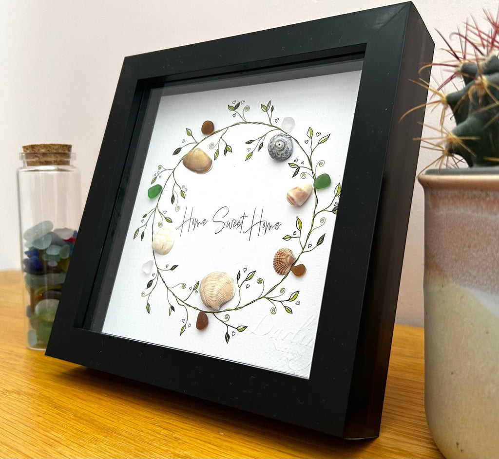 Sea Glass Shell Wreath Frame – Handmade Coastal “Home Sweet Home” Wall Art Gift
