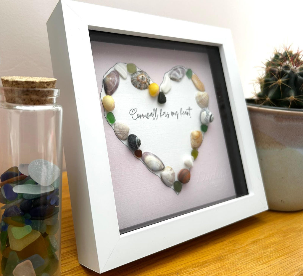 Cornwall Has My Heart – Handmade Sea Glass & Shell Heart Art in 7x7 Frame – Coastal Home Gift – UK Artist