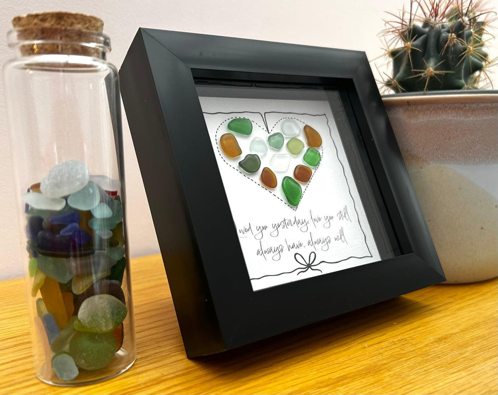 Sea Glass Keepsake – Colourful Love Heart with Romantic Quote for Wife Girlfriend Husband Boyfriend gift, Cornwall framed art, Anniversary