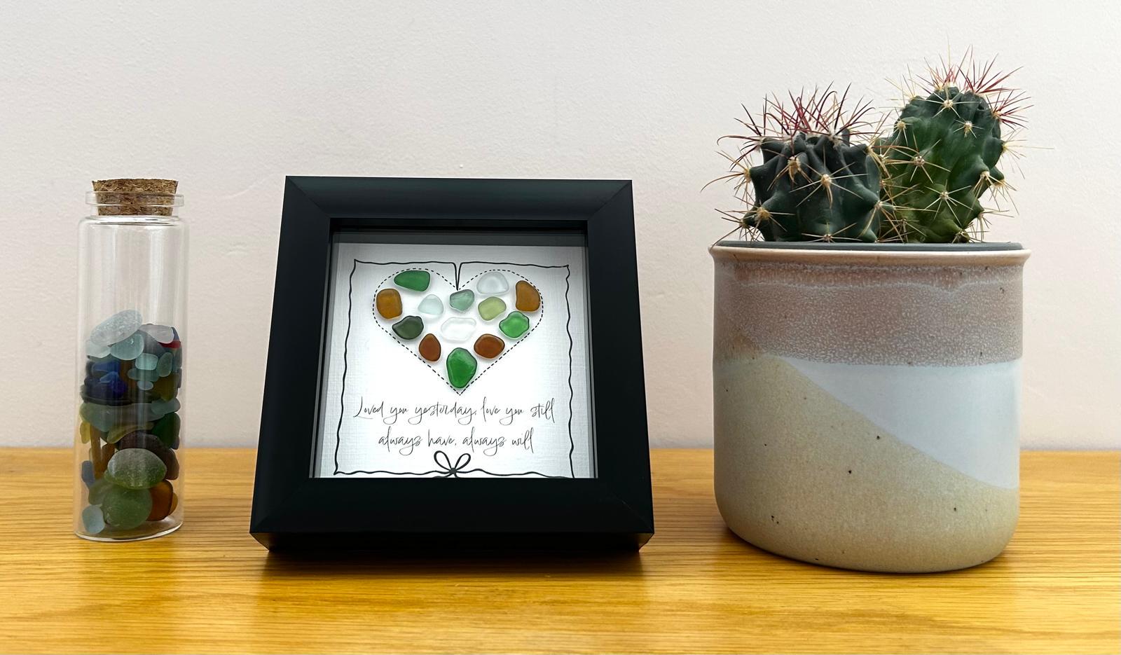 Sea Glass Love Quote Art – Handmade 5x5 Blue Coastal Picture Romantic Cornish Gift Multi Colour