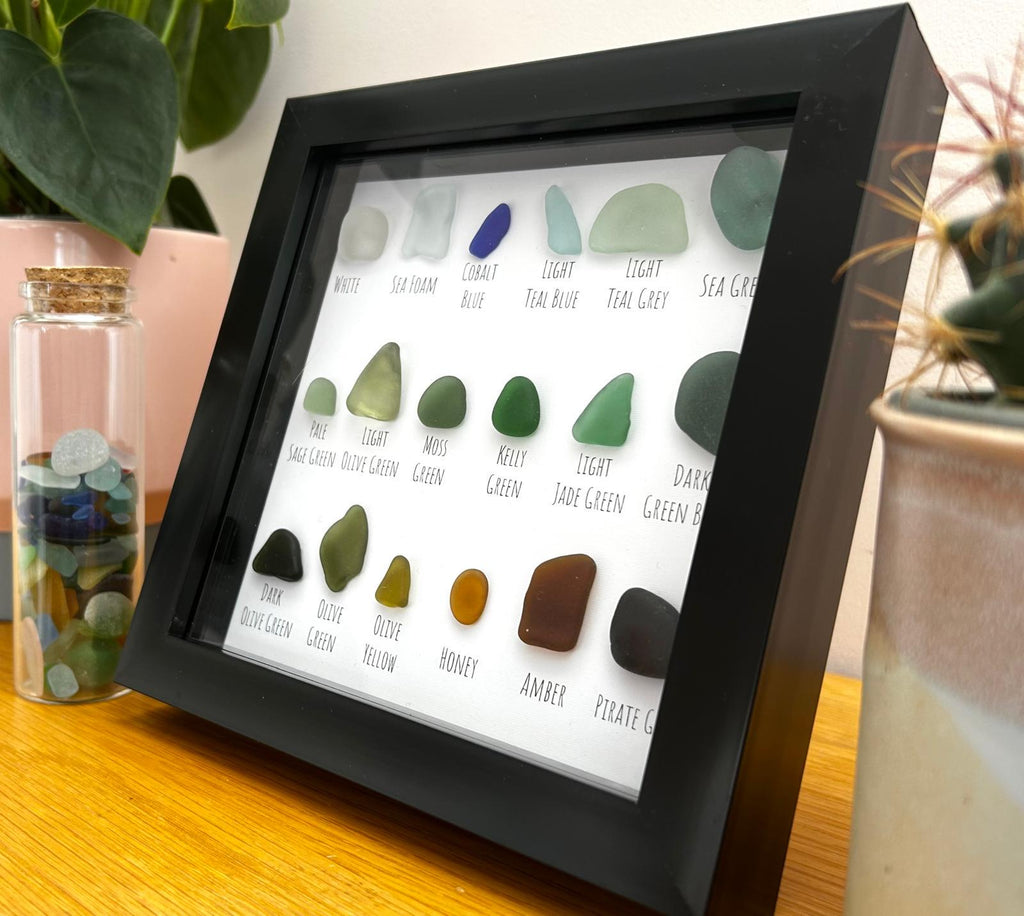 Curated Sea Glass Grid – Handmade Coastal Wall Art in 7x7 Frame – Elegant Natural Decor – UK Artist