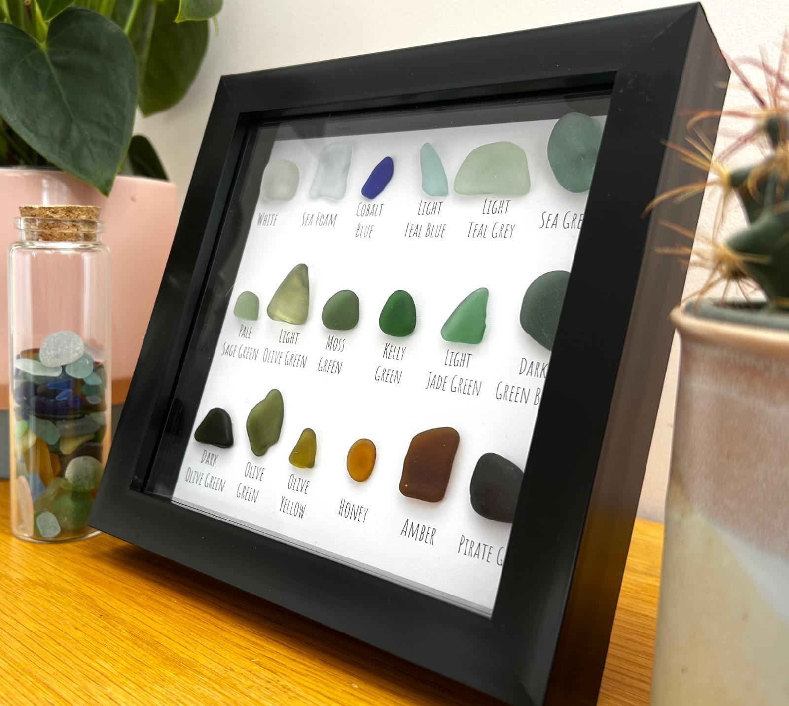 Curated Sea Glass Grid – Handmade Coastal Wall Art in 7x7 Frame – Elegant Natural Decor – UK Artist