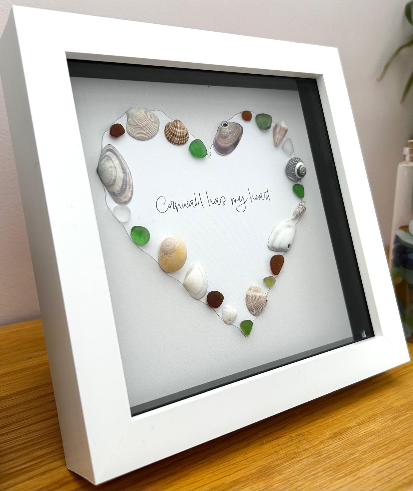 Sea Glass Shell Heart Art Taupe – Coastal Home Decor in 7x7 Frame