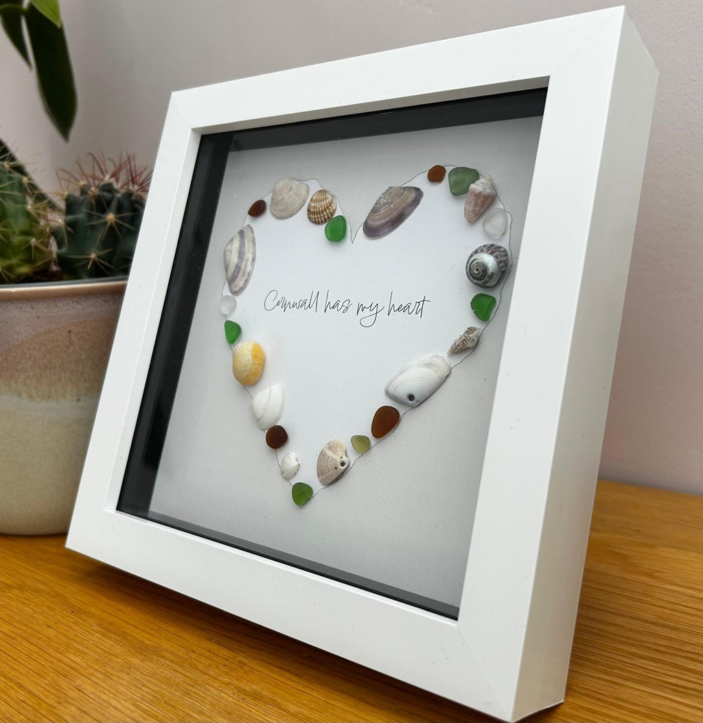 Sea Glass Shell Heart Art Taupe – Coastal Home Decor in 7x7 Frame