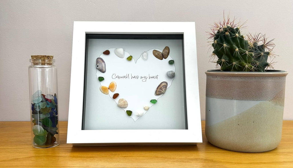 Sea Glass Shell Heart Art Sage – Coastal Home Decor in 7x7 Frame