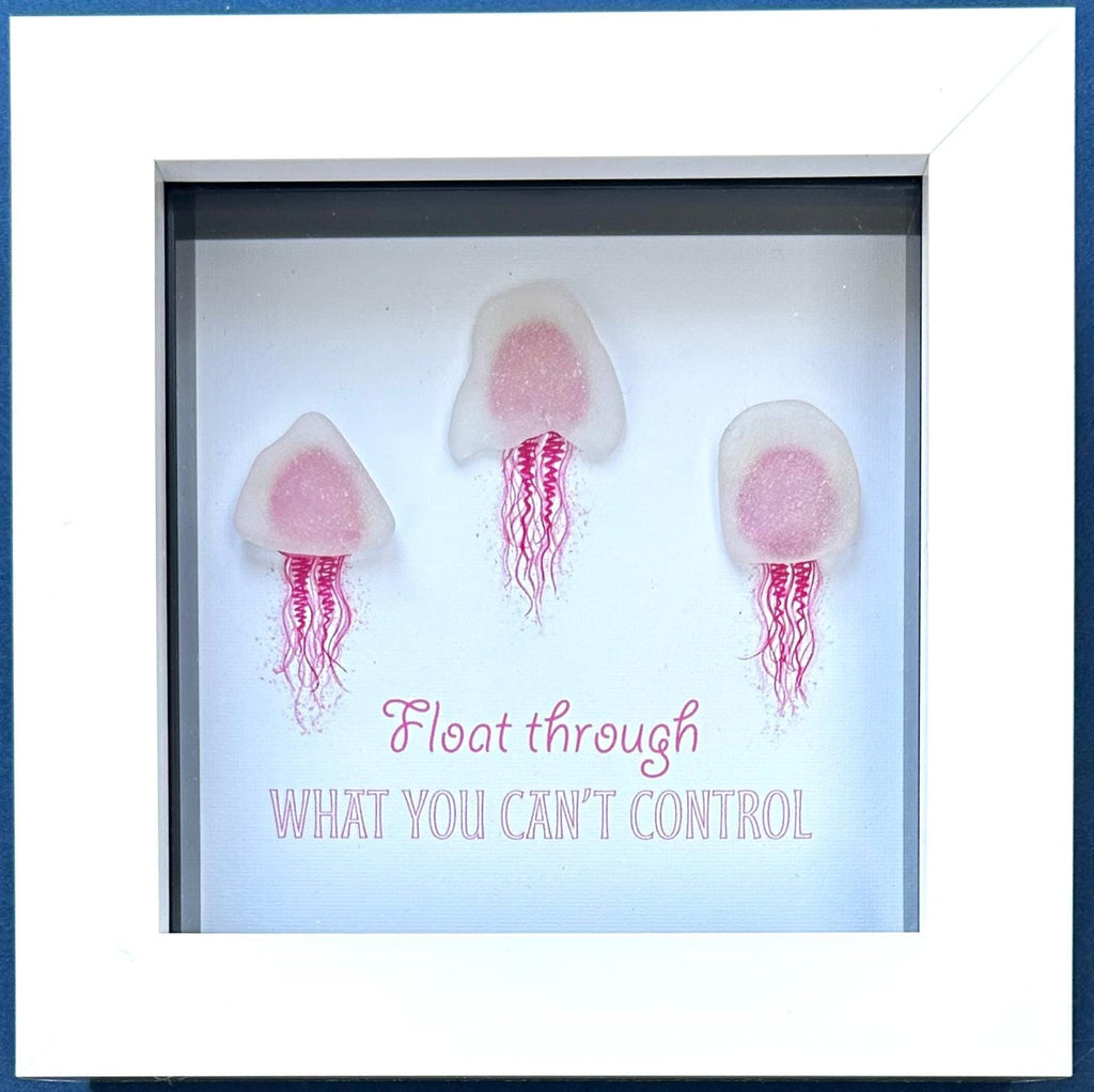 Sea Glass Jellyfish Art: Coastal Handmade Picture with Quote