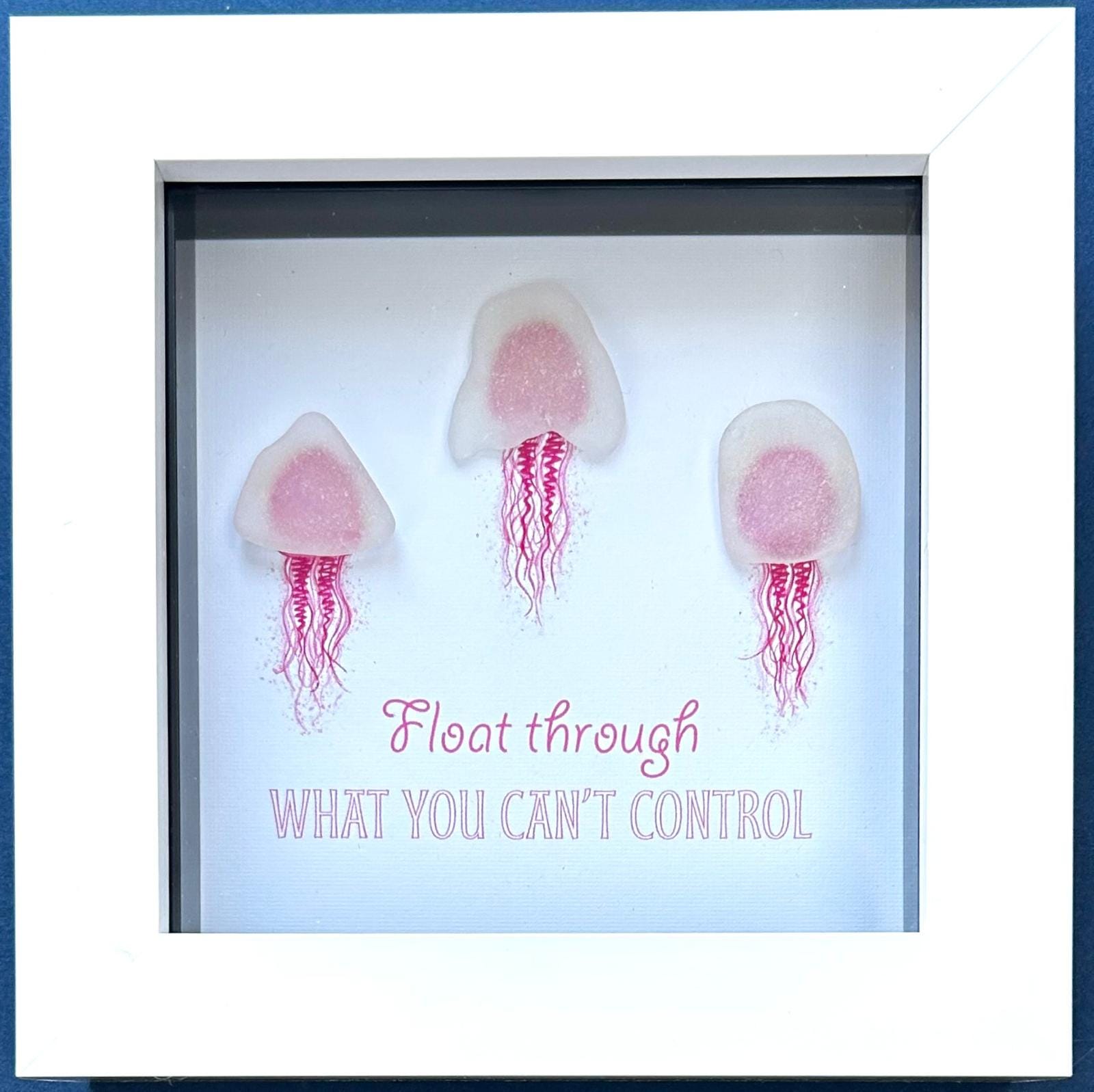 Sea Glass Jellyfish Art: Coastal Handmade Picture with Quote