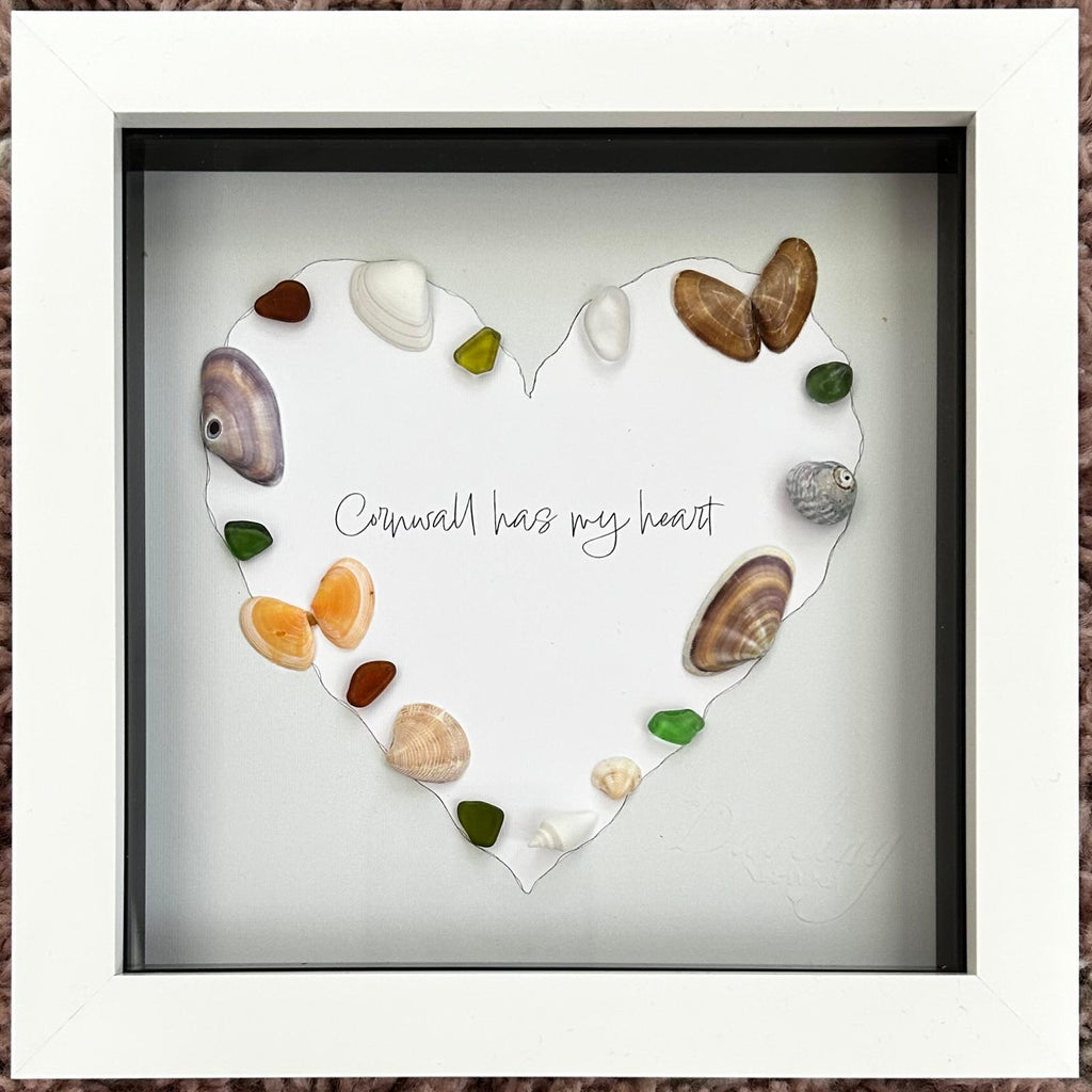 Sea Glass Shell Heart Art Sage – Coastal Home Decor in 7x7 Frame
