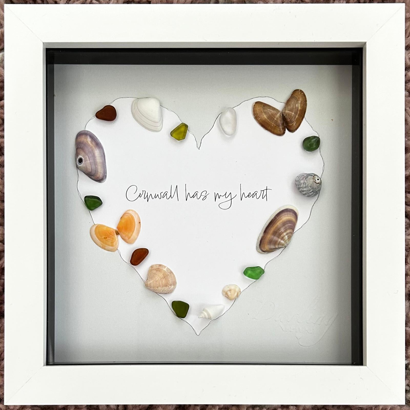 Sea Glass Shell Heart Art Sage – Coastal Home Decor in 7x7 Frame
