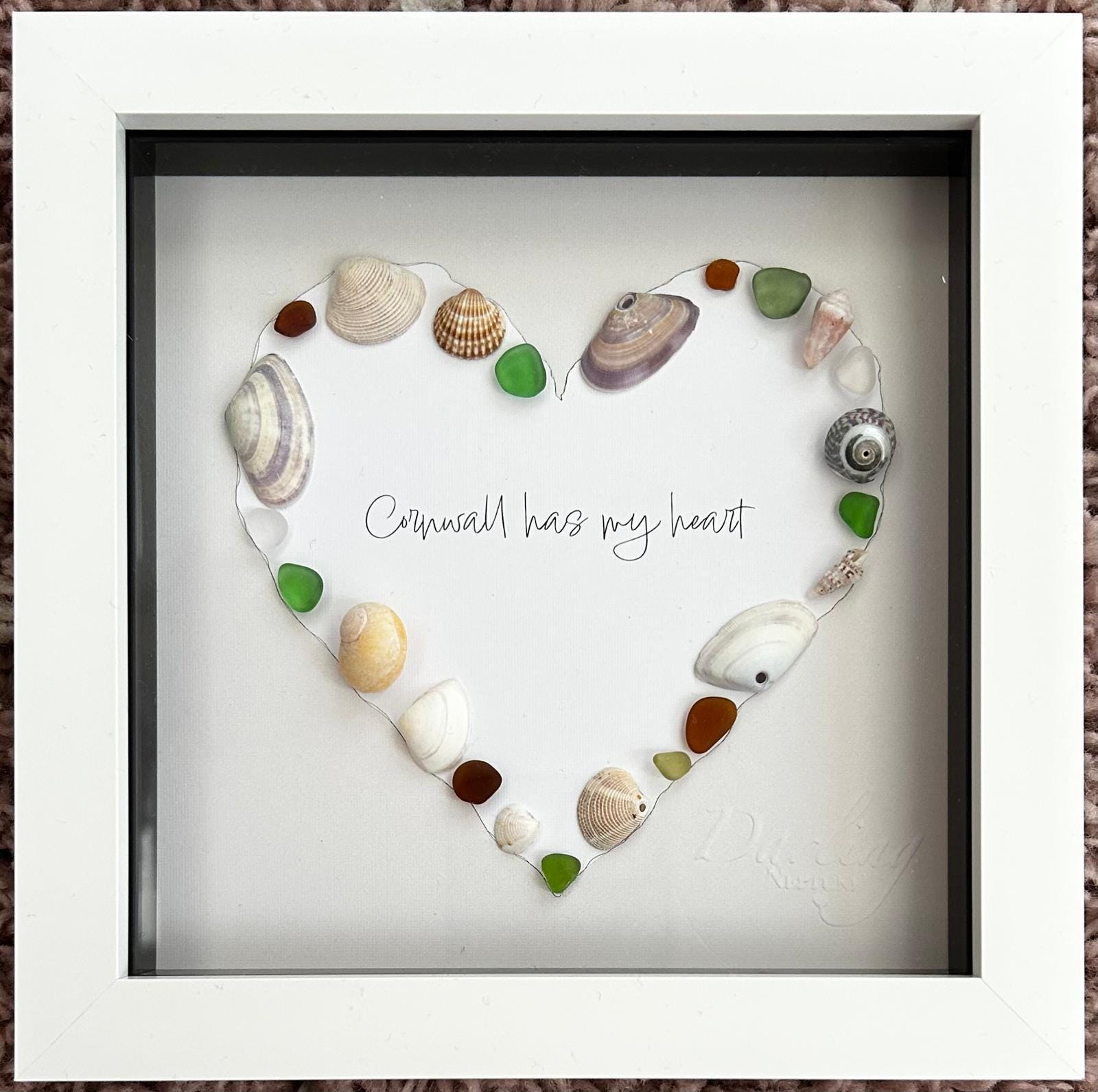 Sea Glass Shell Heart Art Taupe – Coastal Home Decor in 7x7 Frame