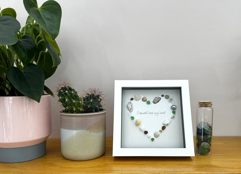 Sea Glass Shell Heart Art Taupe – Coastal Home Decor in 7x7 Frame