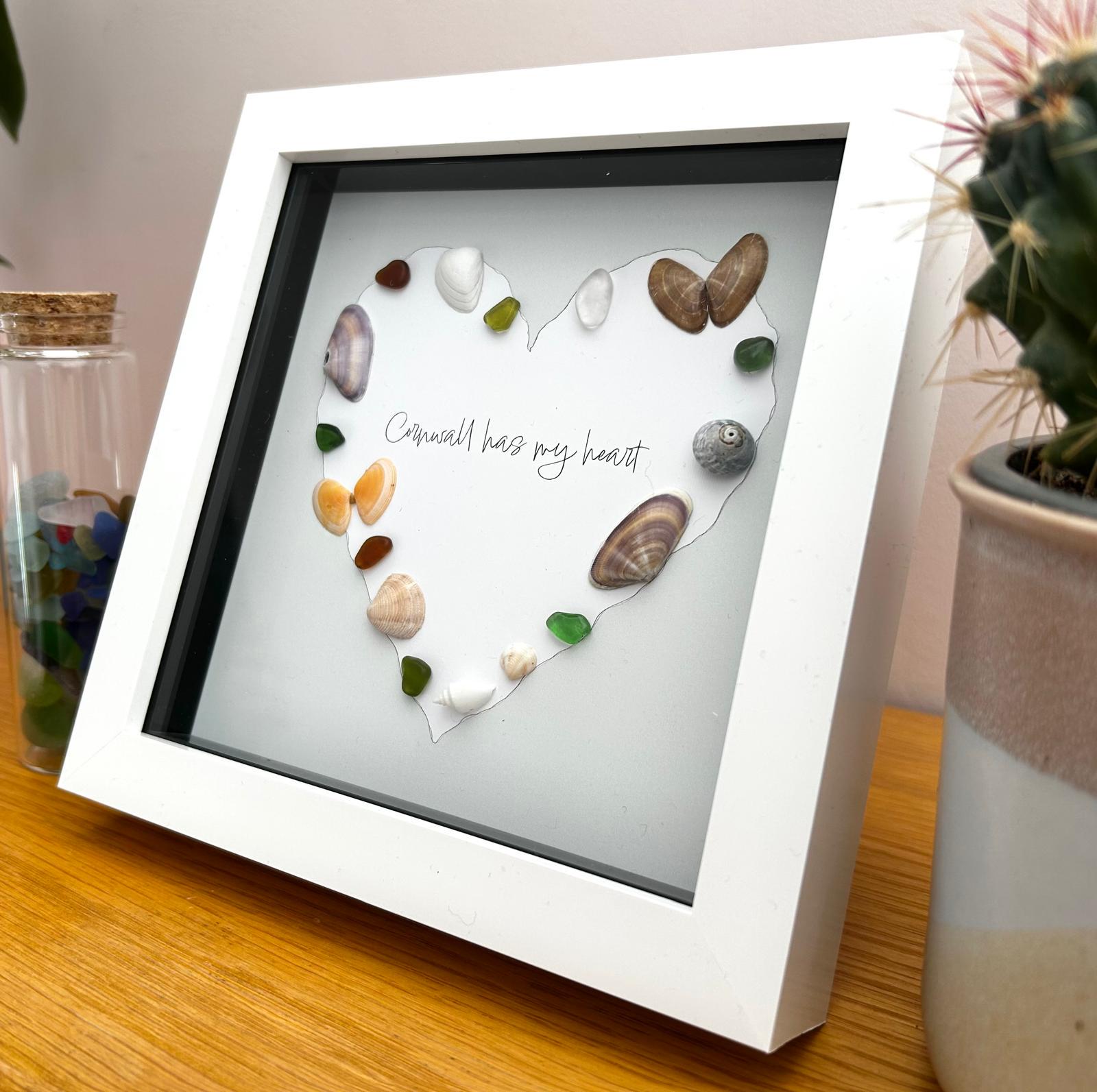 Sea Glass Shell Heart Art Sage – Coastal Home Decor in 7x7 Frame