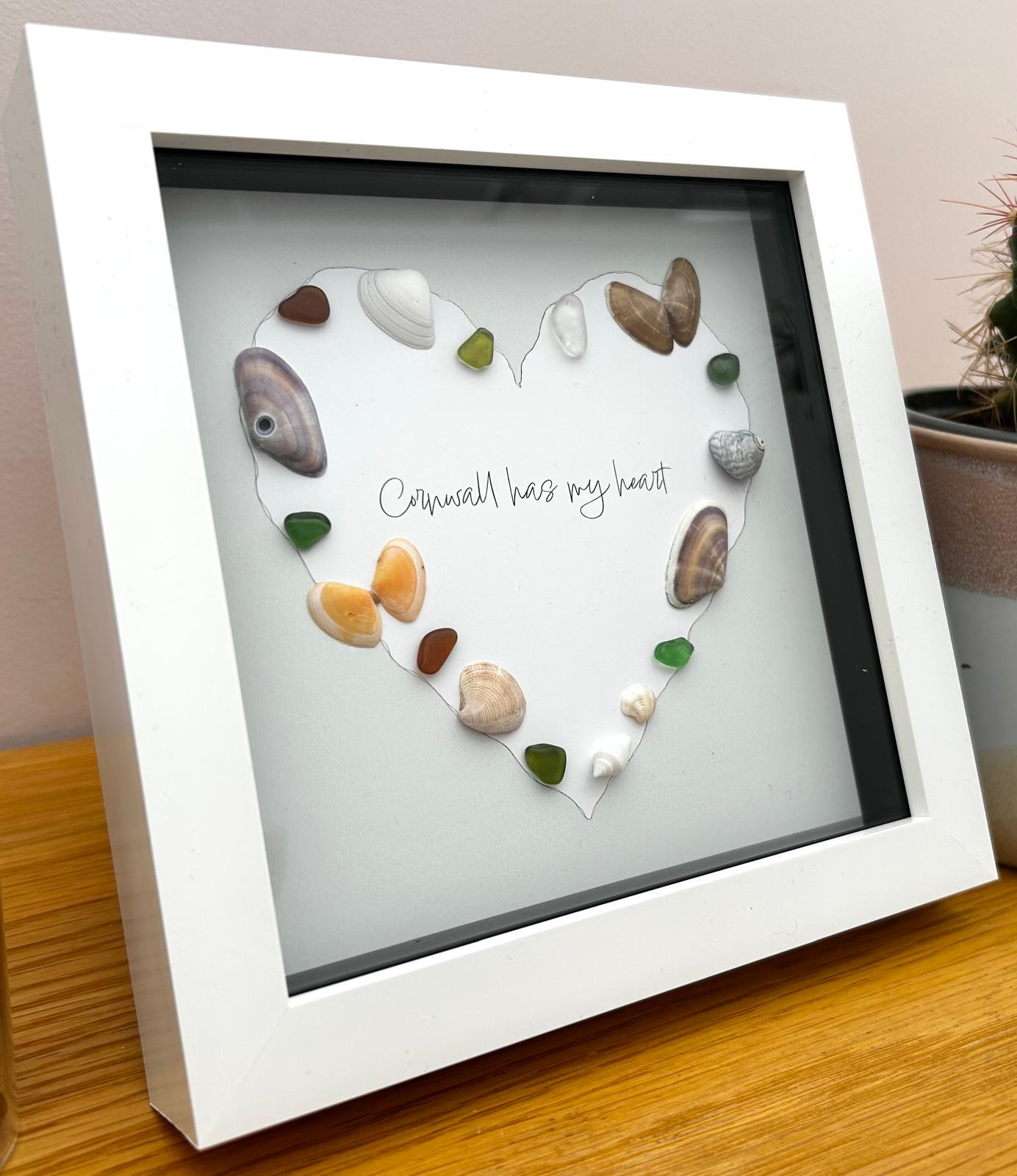 Sea Glass Shell Heart Art Sage – Coastal Home Decor in 7x7 Frame