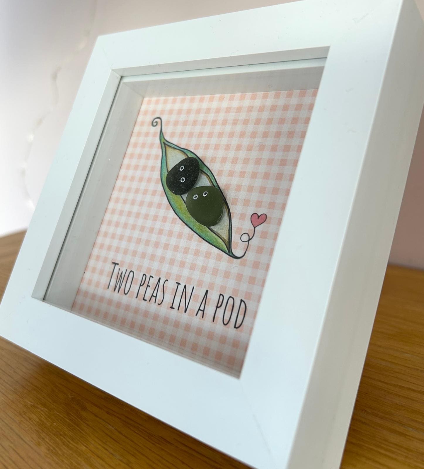 Sea Glass Art - Two Peas in a Pod Framed Picture, Handmade 5x5 Peach