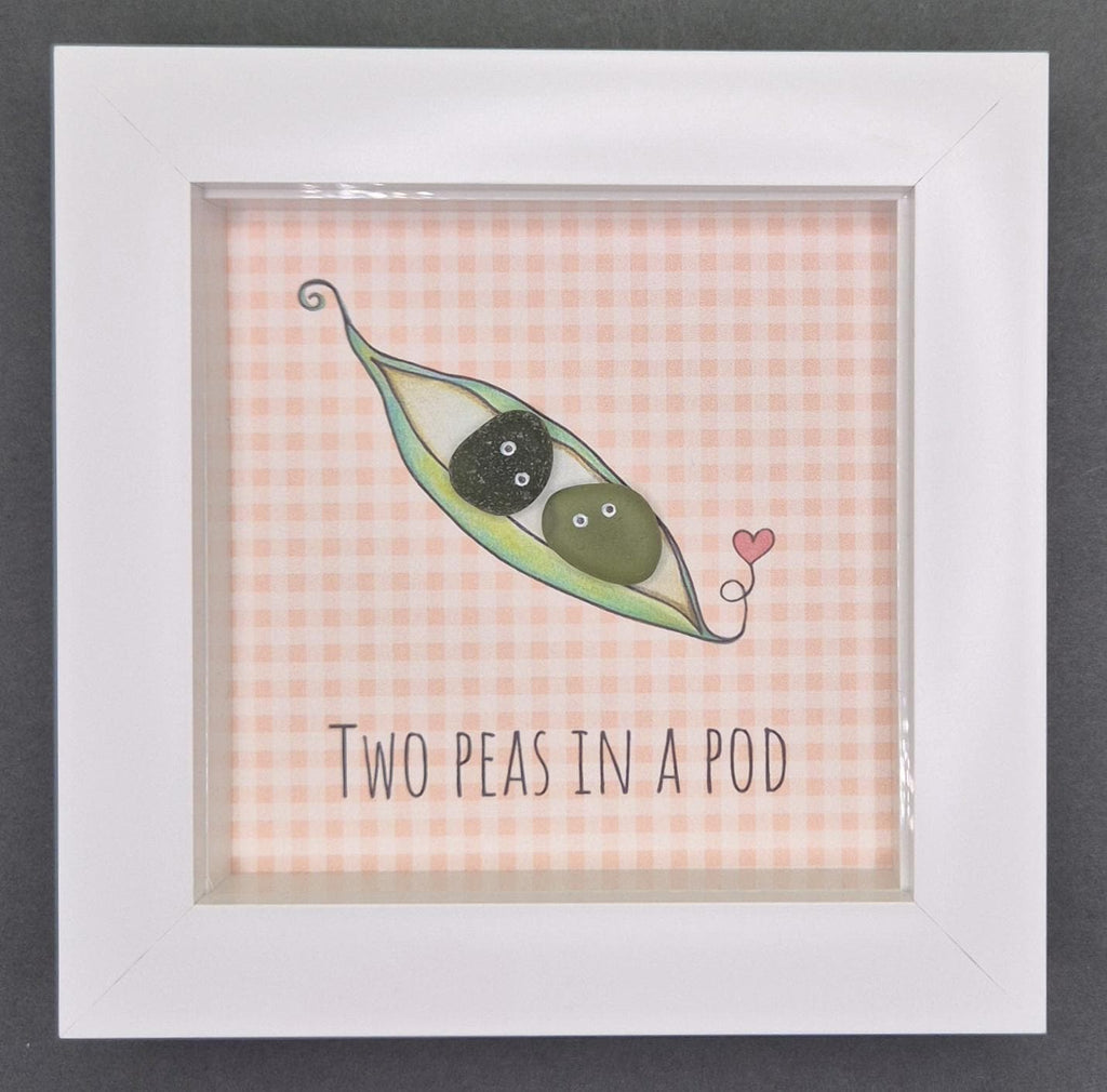 Sea Glass Art - Two Peas in a Pod Framed Picture, Handmade 5x5 Peach