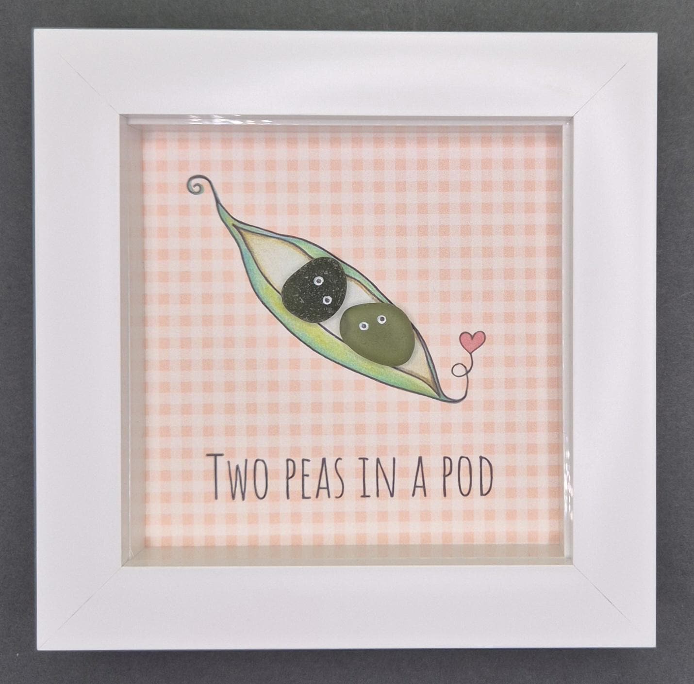 Sea Glass Art - Two Peas in a Pod Framed Picture, Handmade 5x5 Peach