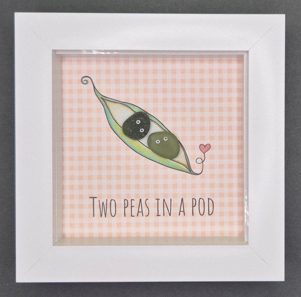 Sea Glass Art - Two Peas in a Pod Framed Picture, Handmade 5x5 Peach
