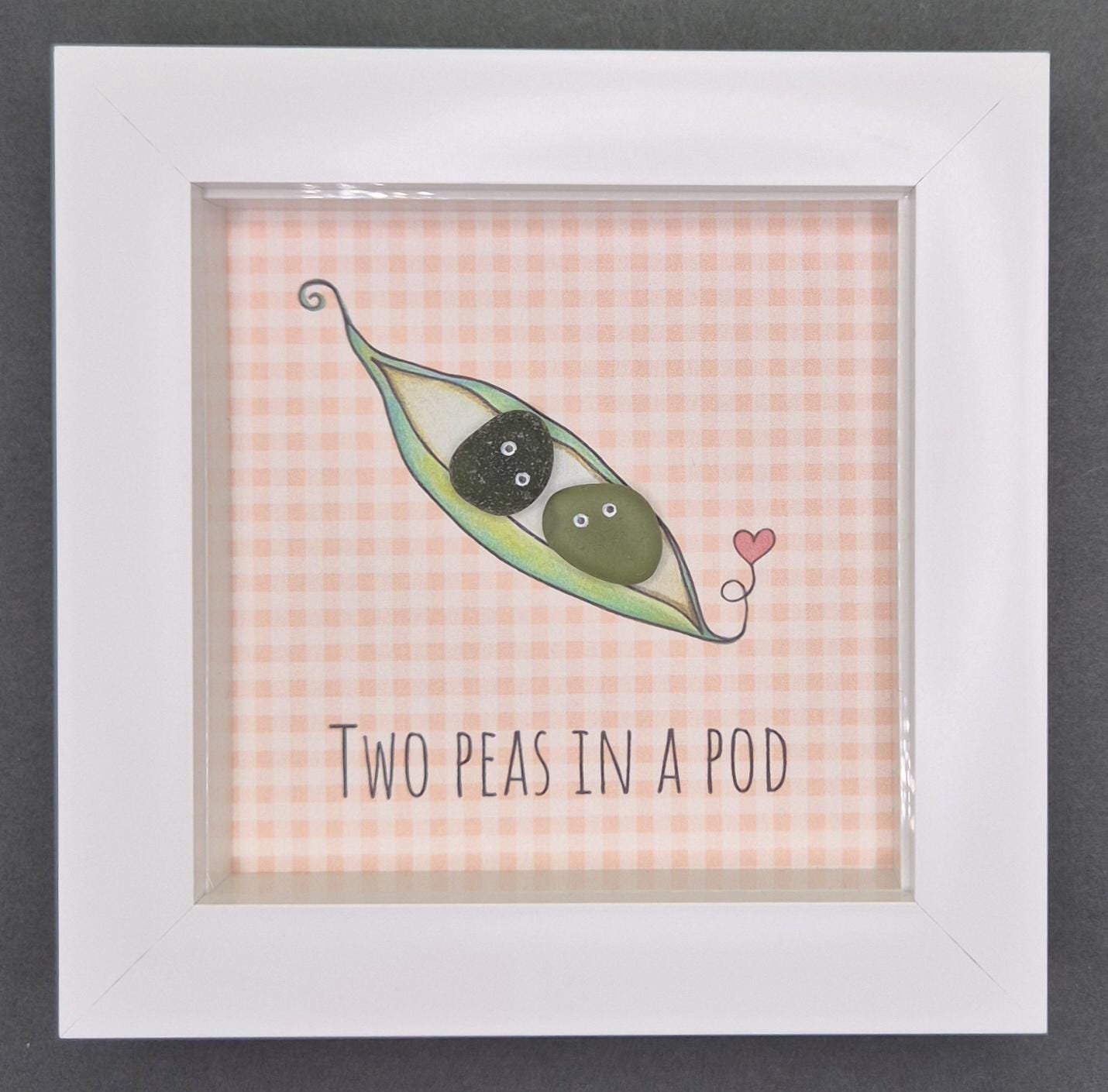 Sea Glass Art - Two Peas in a Pod Framed Picture, Handmade 5x5 Peach