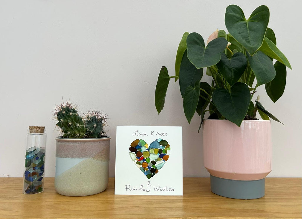 Sea Glass Heart Card – “Love, Kisses & Rainbow Wishes” – Blank Inside – Coastal Love and Friendship Card – UK