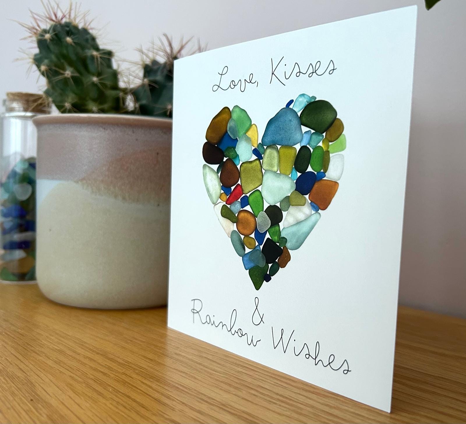 Sea Glass Heart Card – “Love, Kisses & Rainbow Wishes” – Blank Inside – Coastal Love and Friendship Card – UK