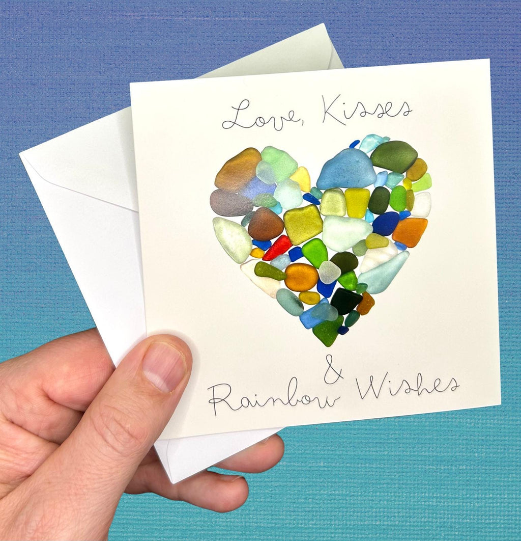 Sea Glass Heart Card – “Love, Kisses & Rainbow Wishes” – Blank Inside – Coastal Love and Friendship Card – UK