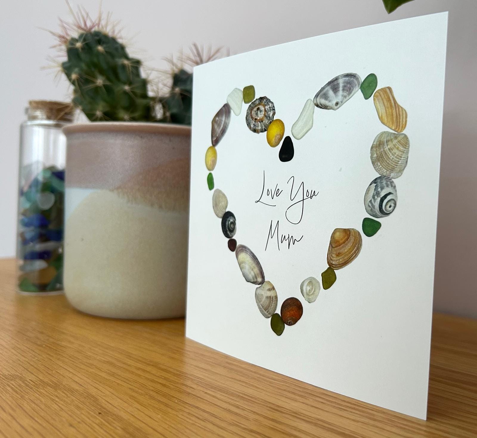 Sea Glass Mum Card – “Love You Mum” – Shell Heart Design – Today and Everyday – Coastal Mother’s Card – UK