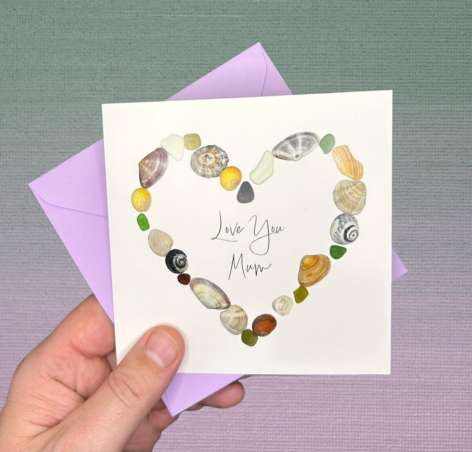 Sea Glass Mum Card – “Love You Mum” – Shell Heart Design – Today and Everyday – Coastal Mother’s Card – UK
