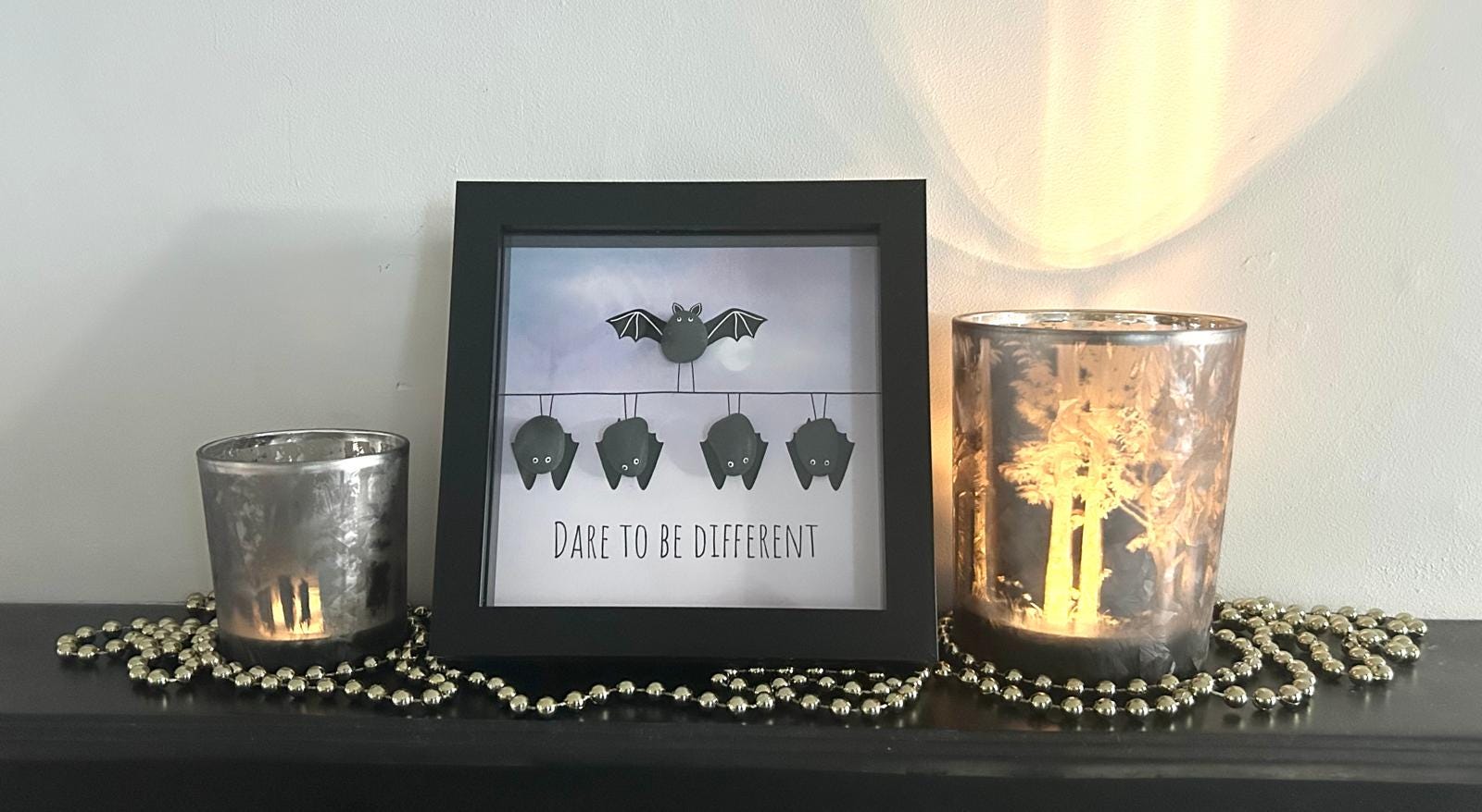 Pebble Bat Art: Quirky bat picture in 7x7 Frame – Dare to Be Different