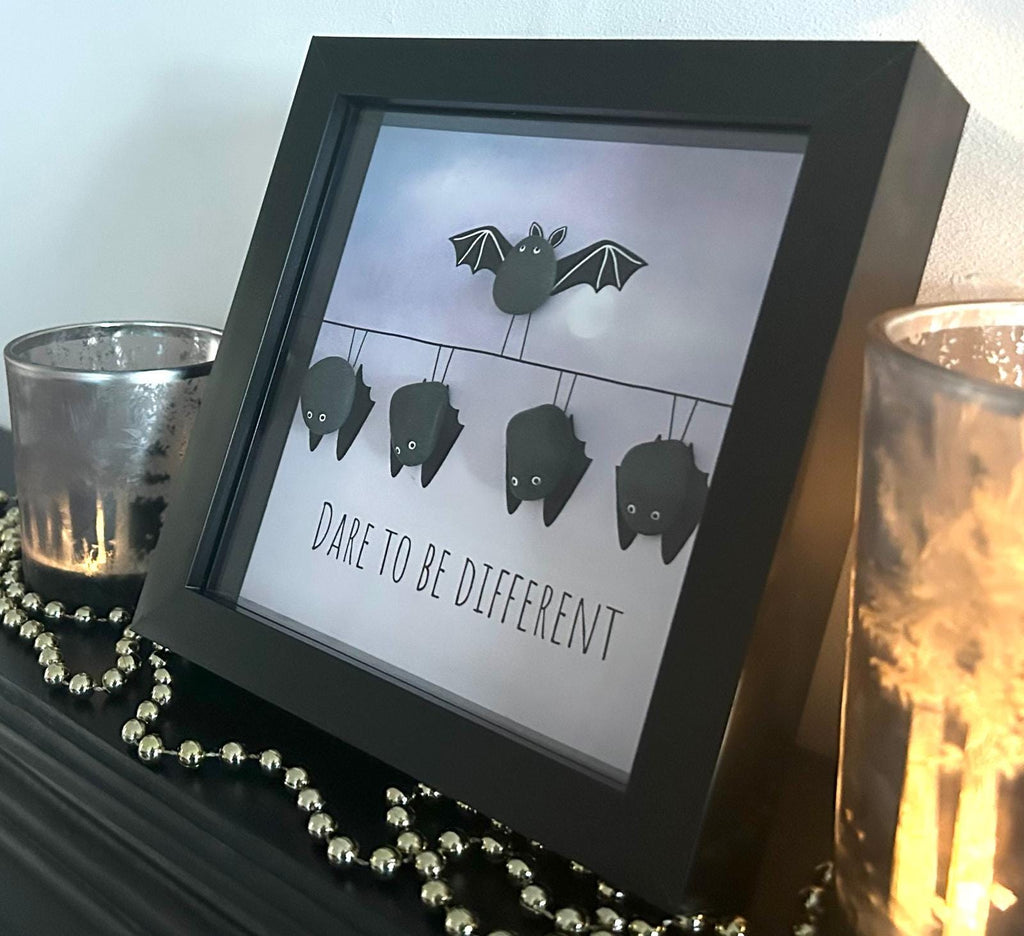 Pebble Bat Art: Quirky bat picture in 7x7 Frame – Dare to Be Different